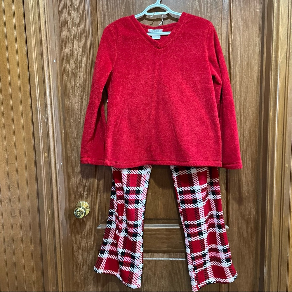 CYPRESS Women's Red Polar Fleece Pajama Set with Plaid Pants Soft Size Small